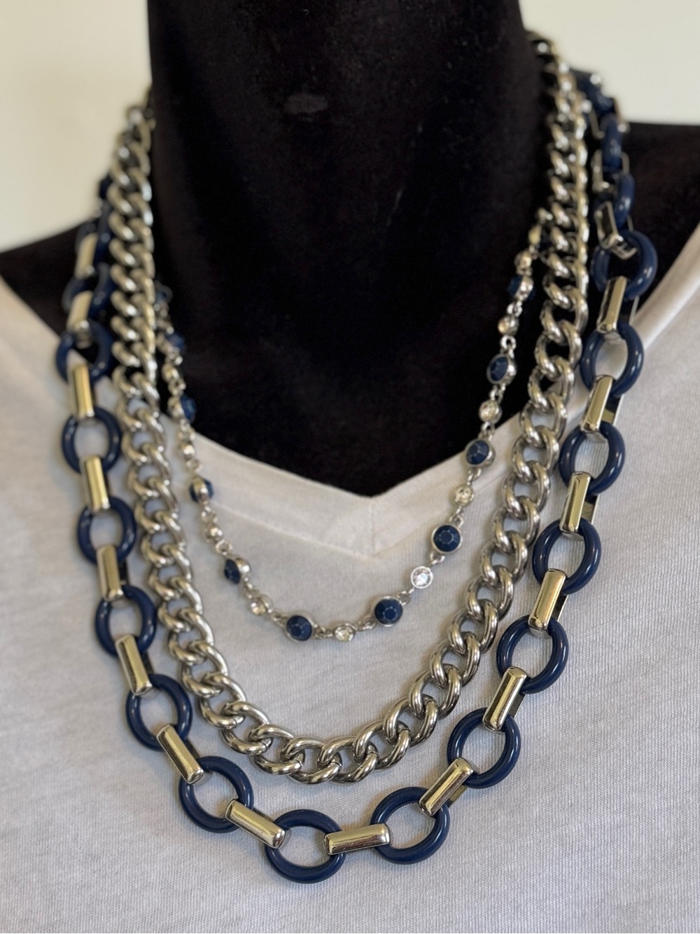 Lia Sophia "Wayfarer" Navy Blue and Silver Chain Link 3-1 Statement Necklace